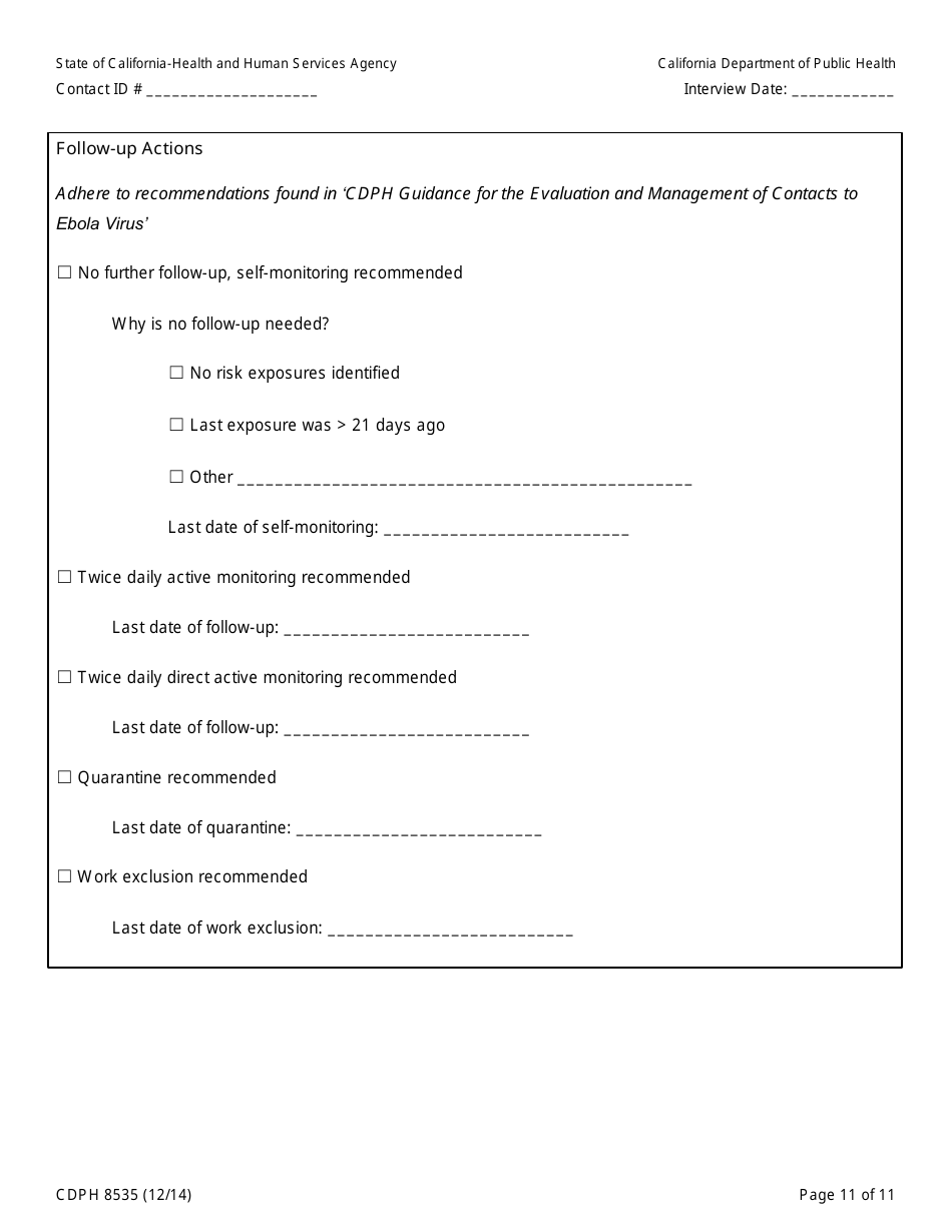 Form CDPH8535 Household or Other Community Contact to Ebola Patient Interview Form - California, Page 11