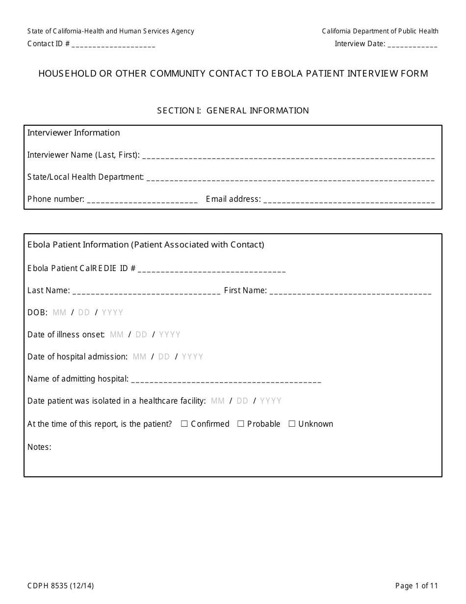 Form CDPH8535 Household or Other Community Contact to Ebola Patient Interview Form - California, Page 1