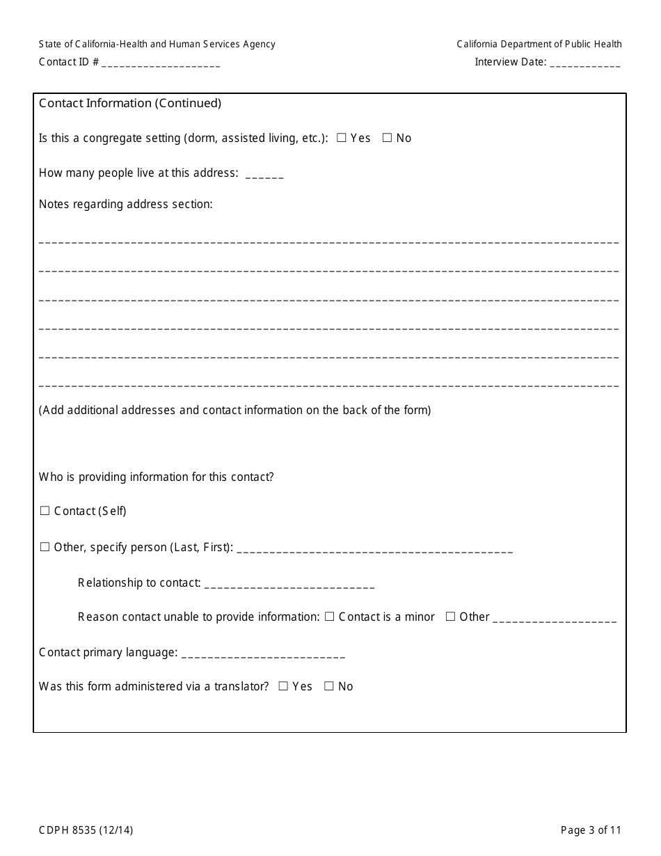 Form CDPH8535 Household or Other Community Contact to Ebola Patient Interview Form - California, Page 3