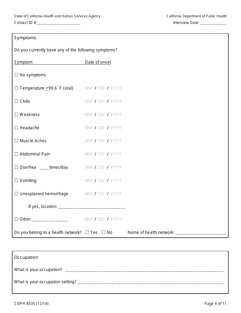 Form CDPH8535 Household or Other Community Contact to Ebola Patient Interview Form - California, Page 4