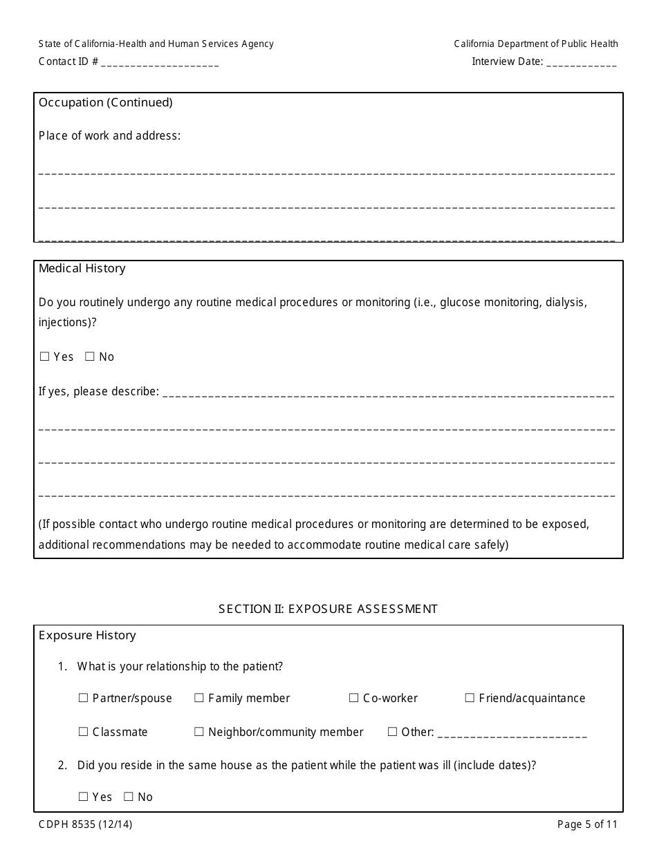 Form CDPH8535 Household or Other Community Contact to Ebola Patient Interview Form - California, Page 5