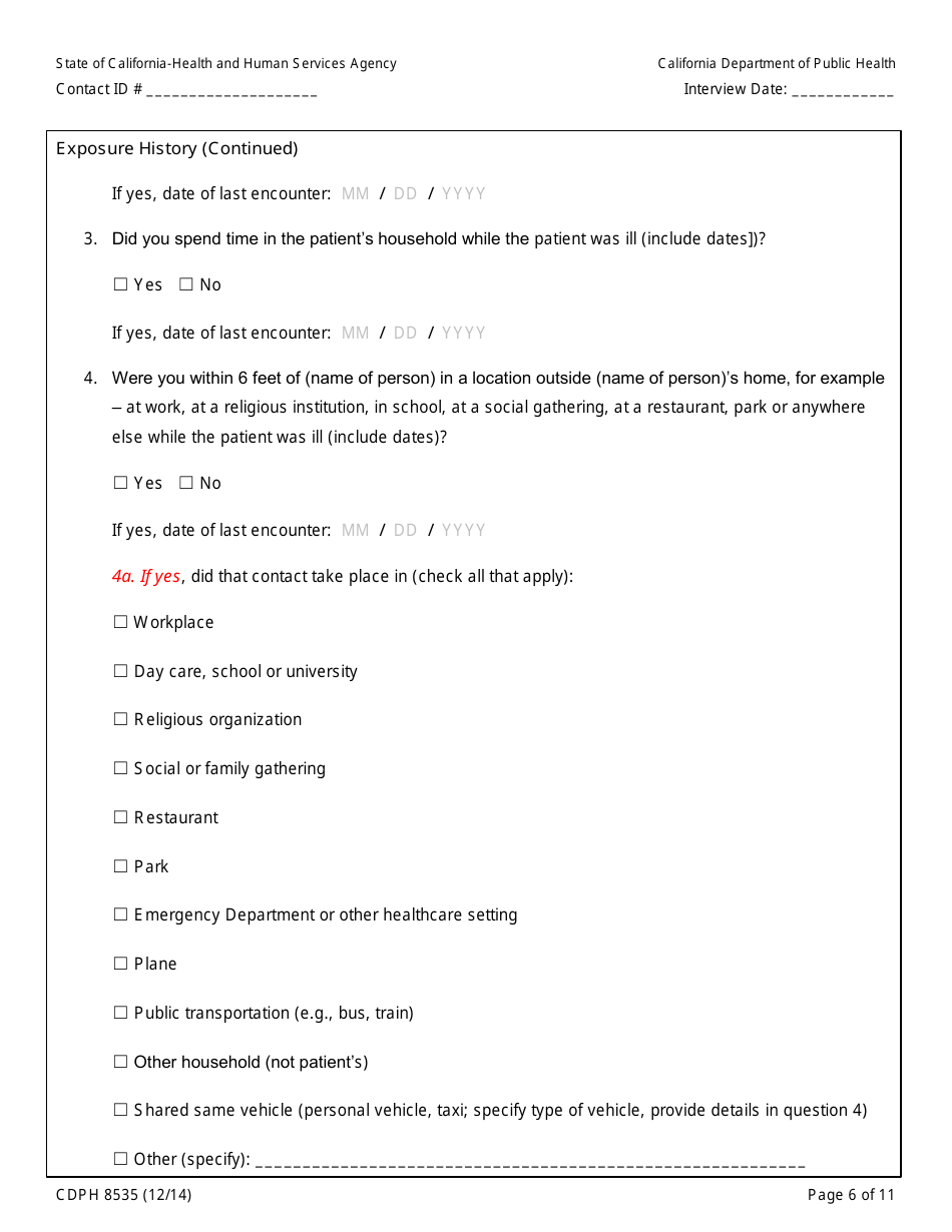 Form CDPH8535 Household or Other Community Contact to Ebola Patient Interview Form - California, Page 6