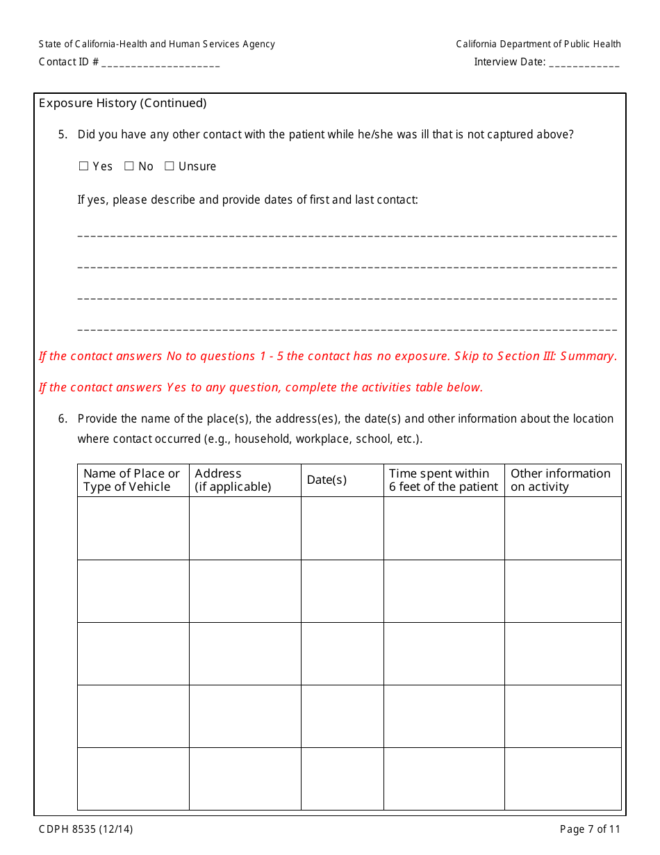 Form CDPH8535 Household or Other Community Contact to Ebola Patient Interview Form - California, Page 7