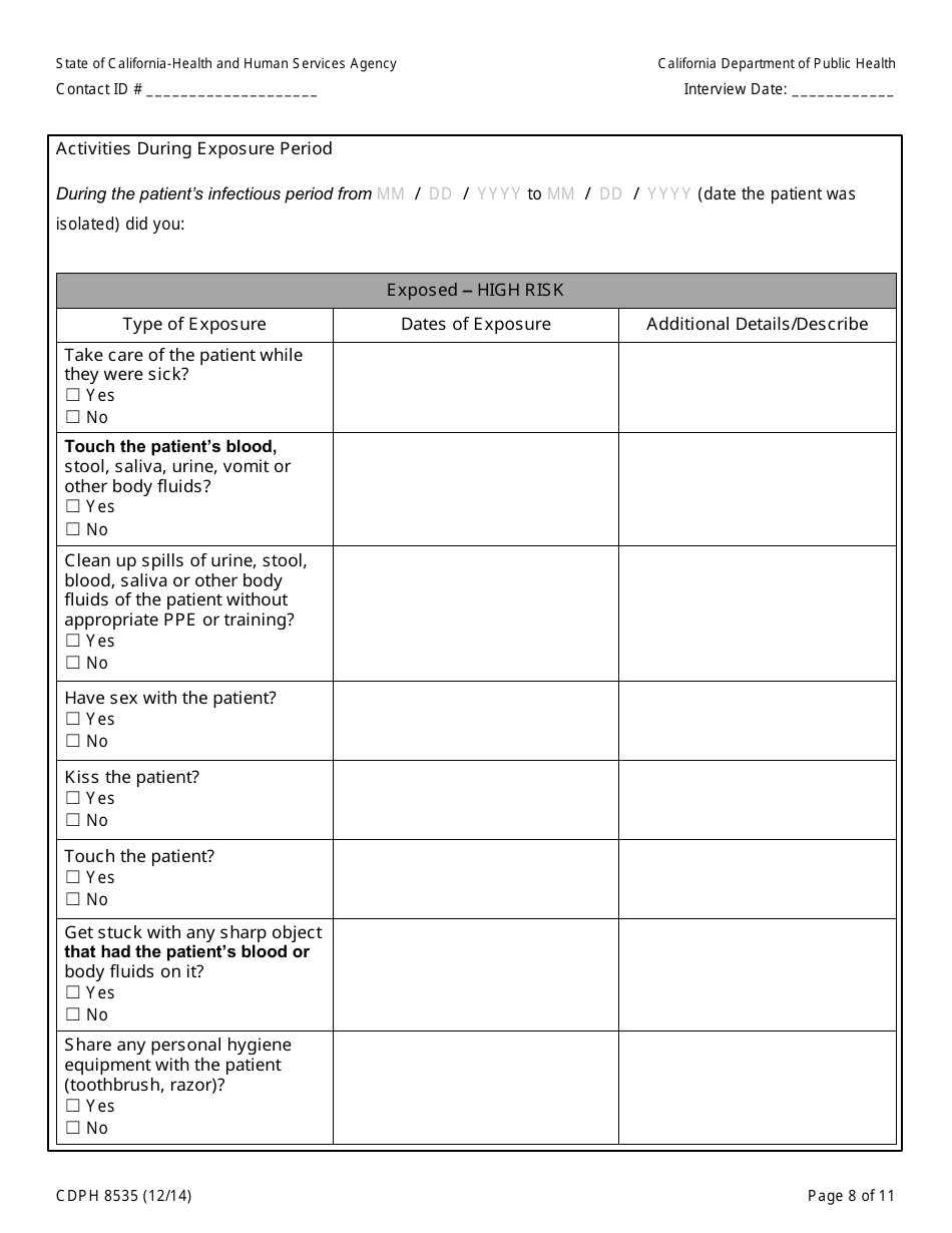Form CDPH8535 Household or Other Community Contact to Ebola Patient Interview Form - California, Page 8