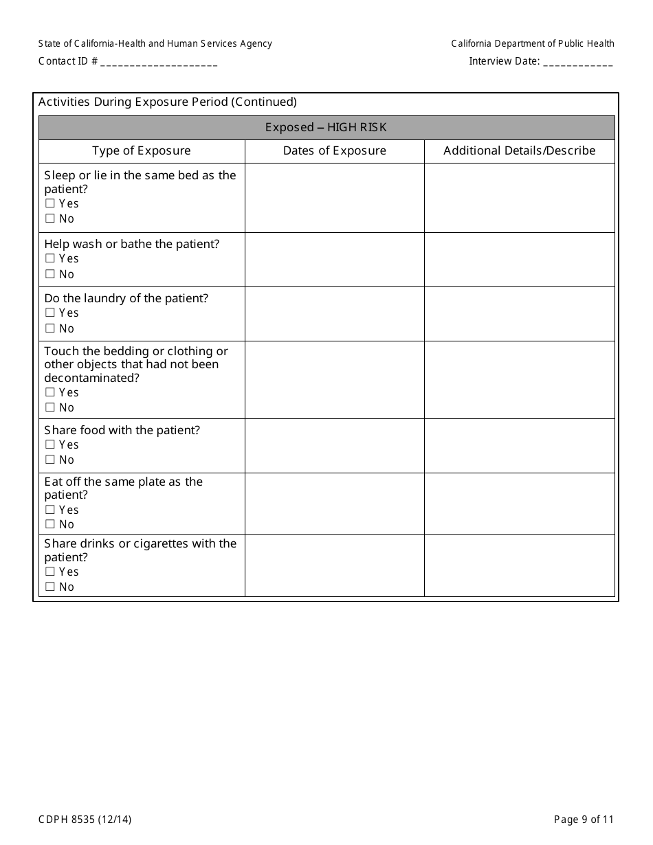 Form CDPH8535 Household or Other Community Contact to Ebola Patient Interview Form - California, Page 9