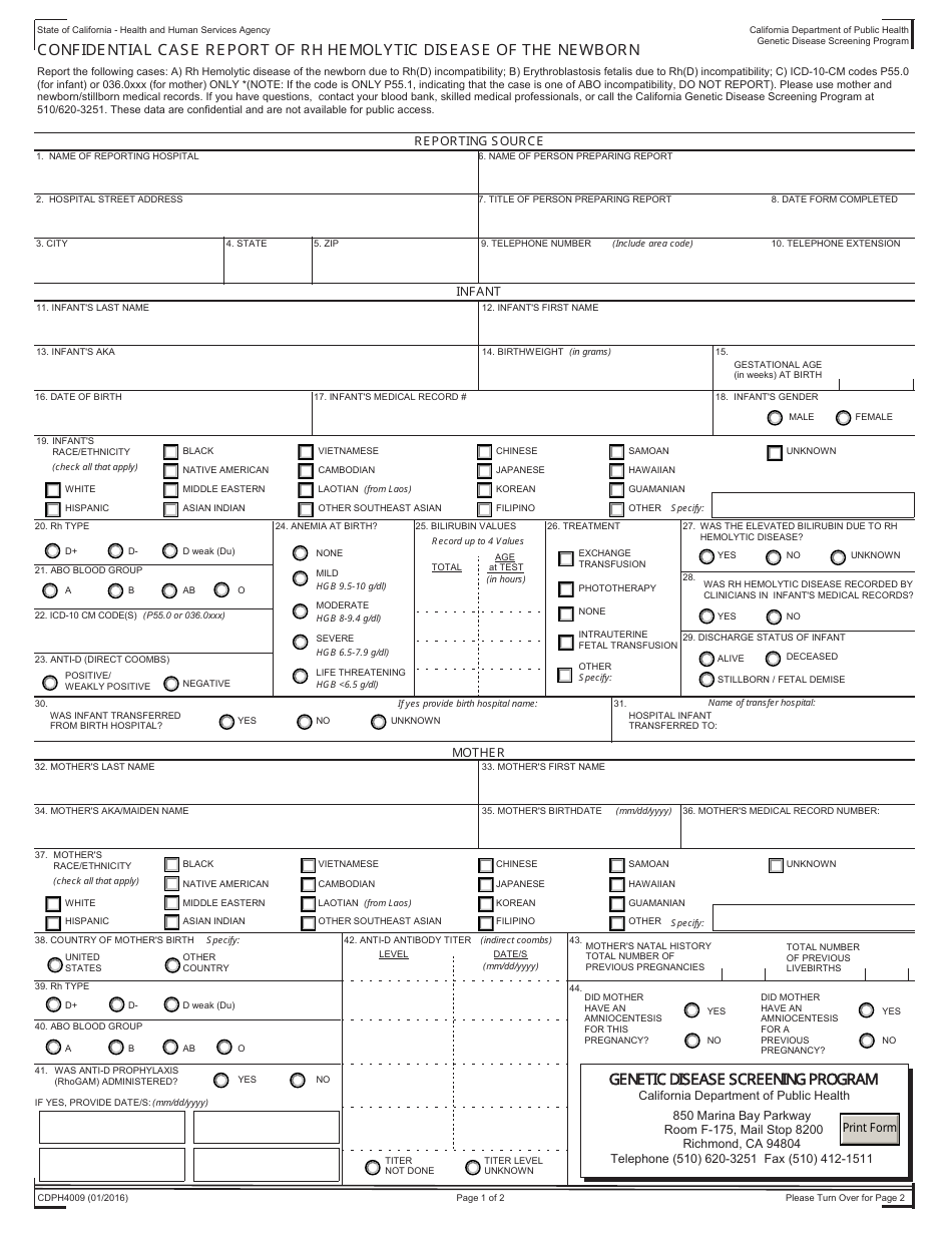 Form CDPH4009 Confidential Case Report of Rh Hemolytic Disease of the Newborn - California, Page 1