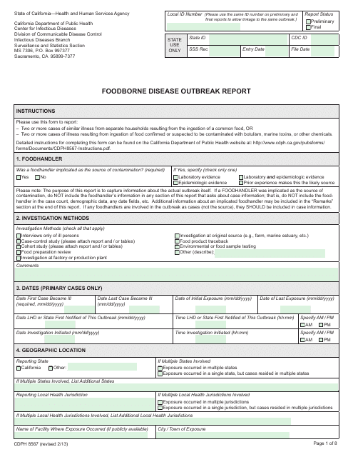 Form CDPH8567 Foodborne Disease Outbreak Report - California