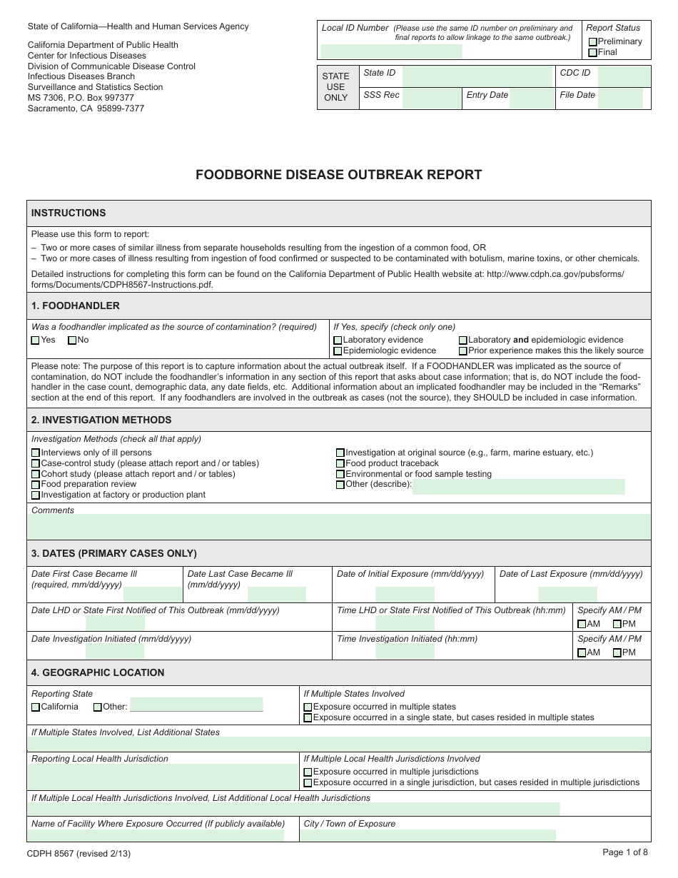 Form CDPH8567 Foodborne Disease Outbreak Report - California, Page 1