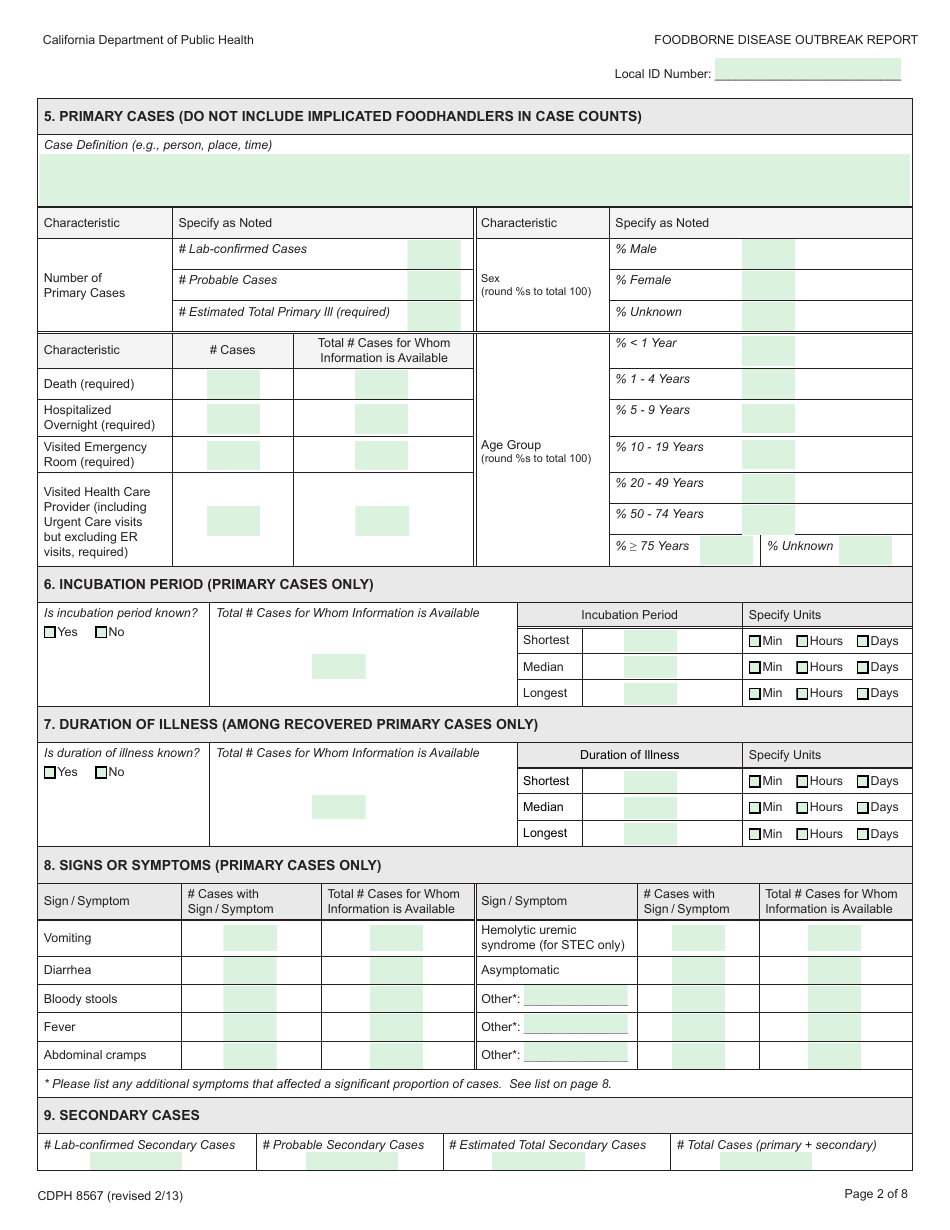 Form CDPH8567 Foodborne Disease Outbreak Report - California, Page 2