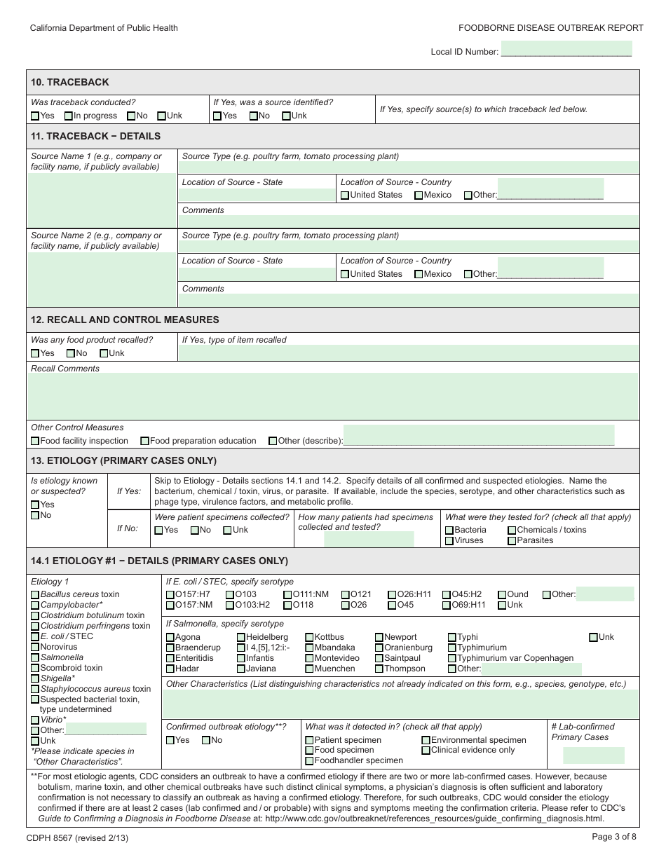 Form CDPH8567 Foodborne Disease Outbreak Report - California, Page 3