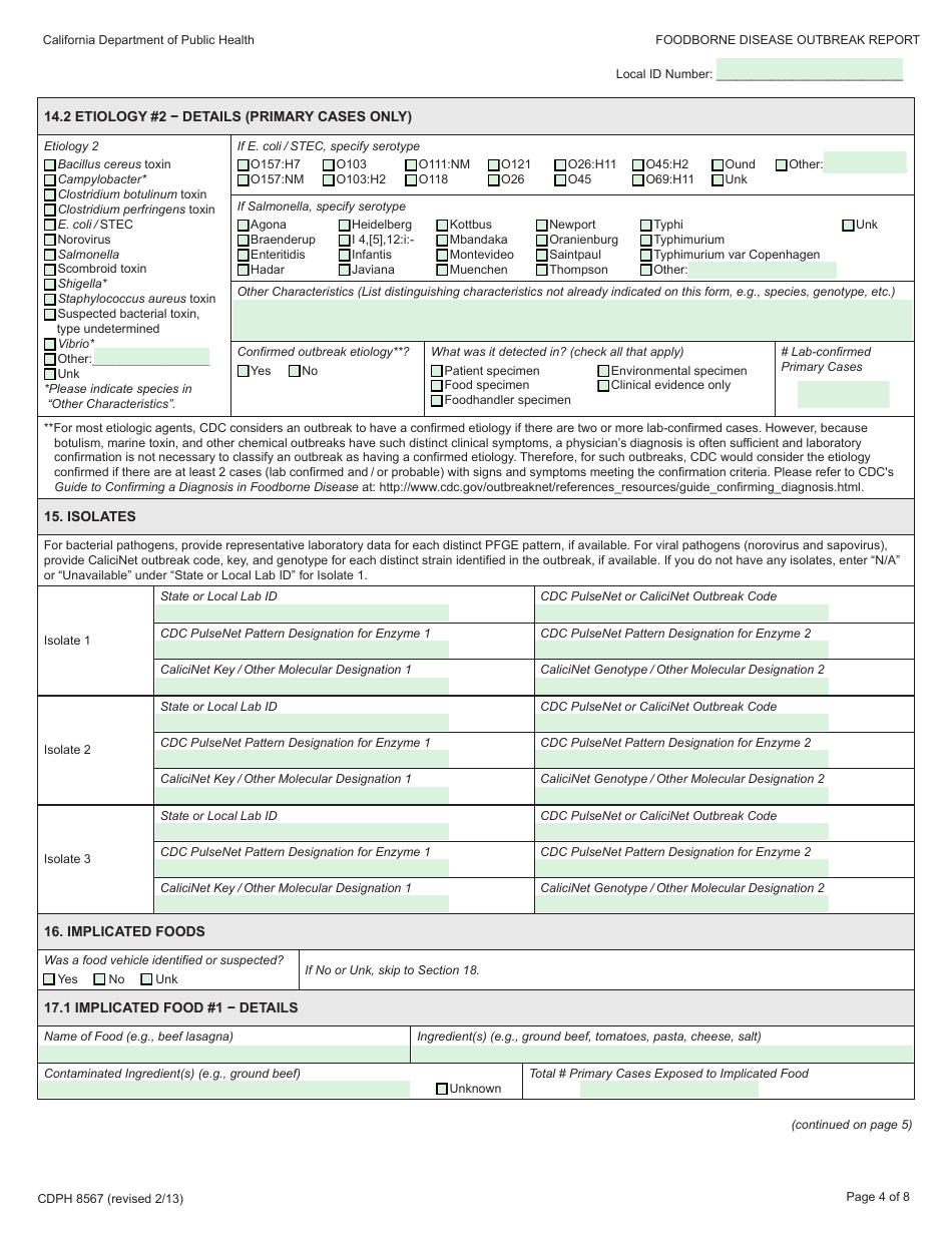 Form CDPH8567 Foodborne Disease Outbreak Report - California, Page 4