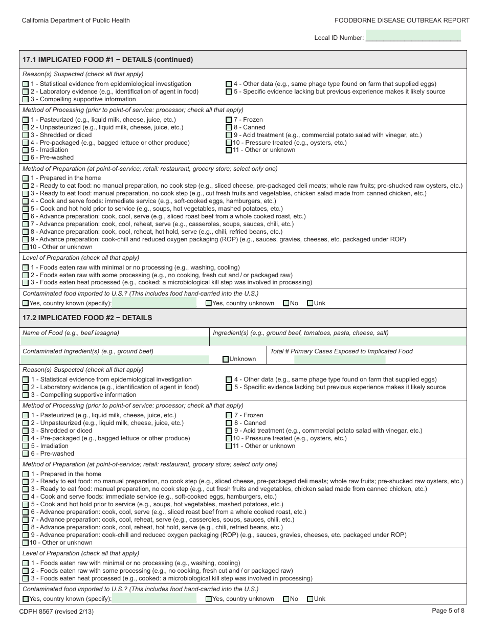 Form CDPH8567 Foodborne Disease Outbreak Report - California, Page 5