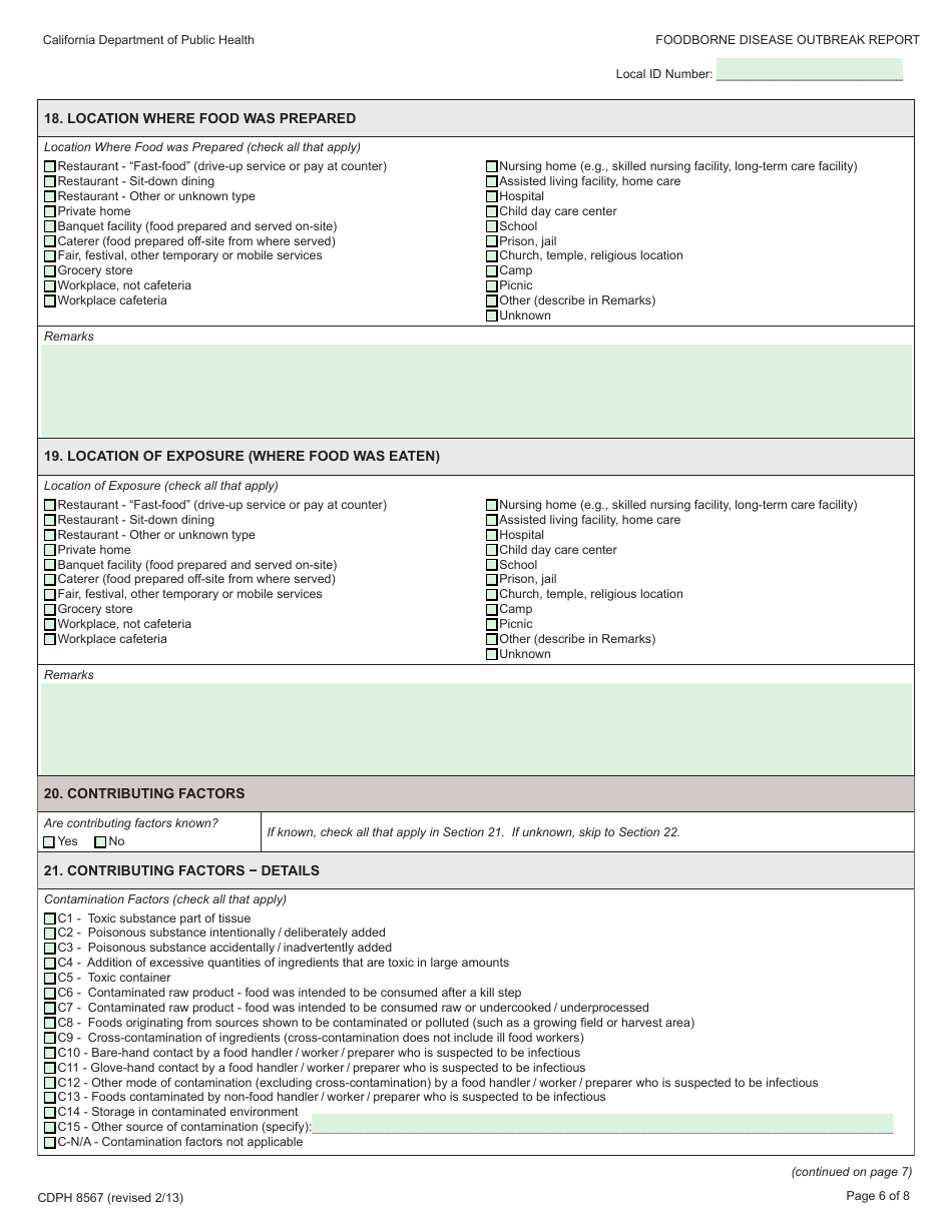 Form CDPH8567 Foodborne Disease Outbreak Report - California, Page 6