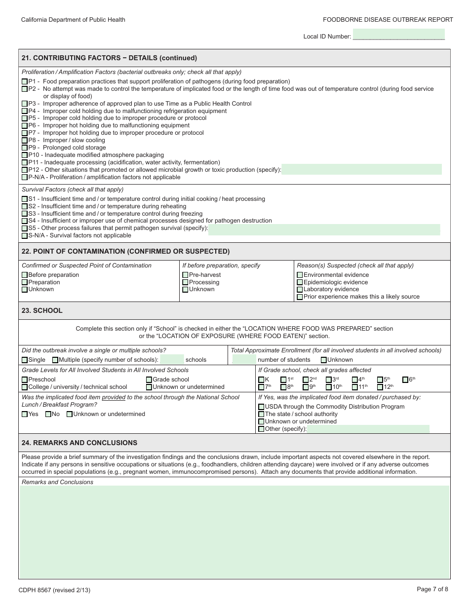 Form CDPH8567 Foodborne Disease Outbreak Report - California, Page 7