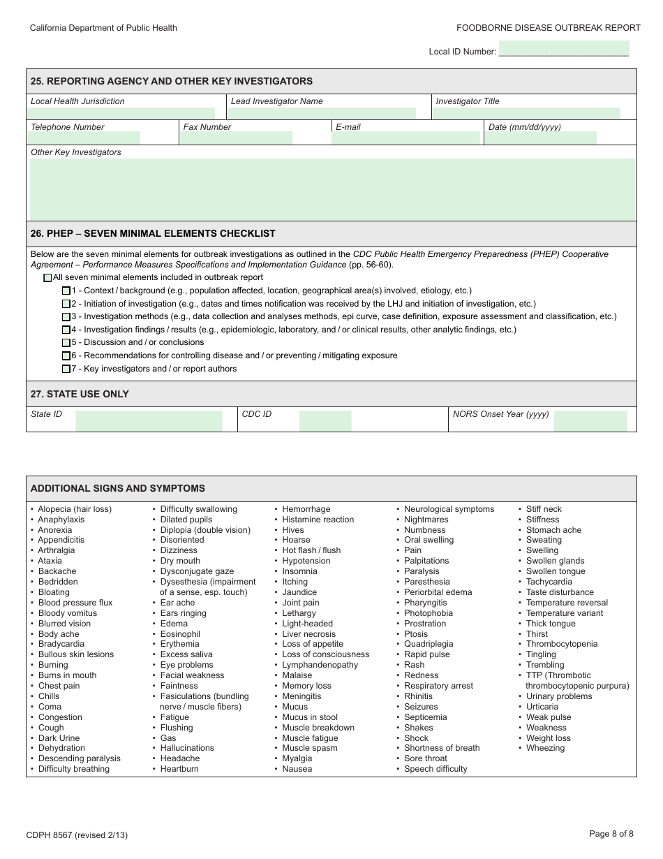 Form CDPH8567 Foodborne Disease Outbreak Report - California, Page 8