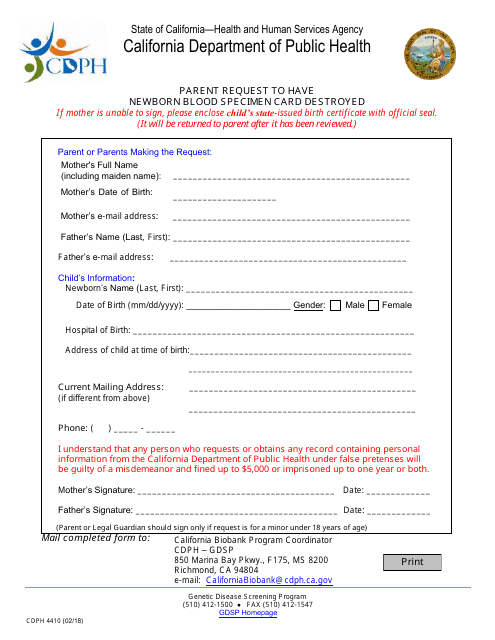 Form CDPH4410  Printable Pdf