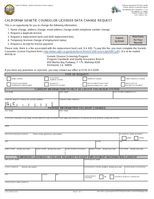 Form CDPH4489 California Genetic Counselor Licensee Data Change Request - California