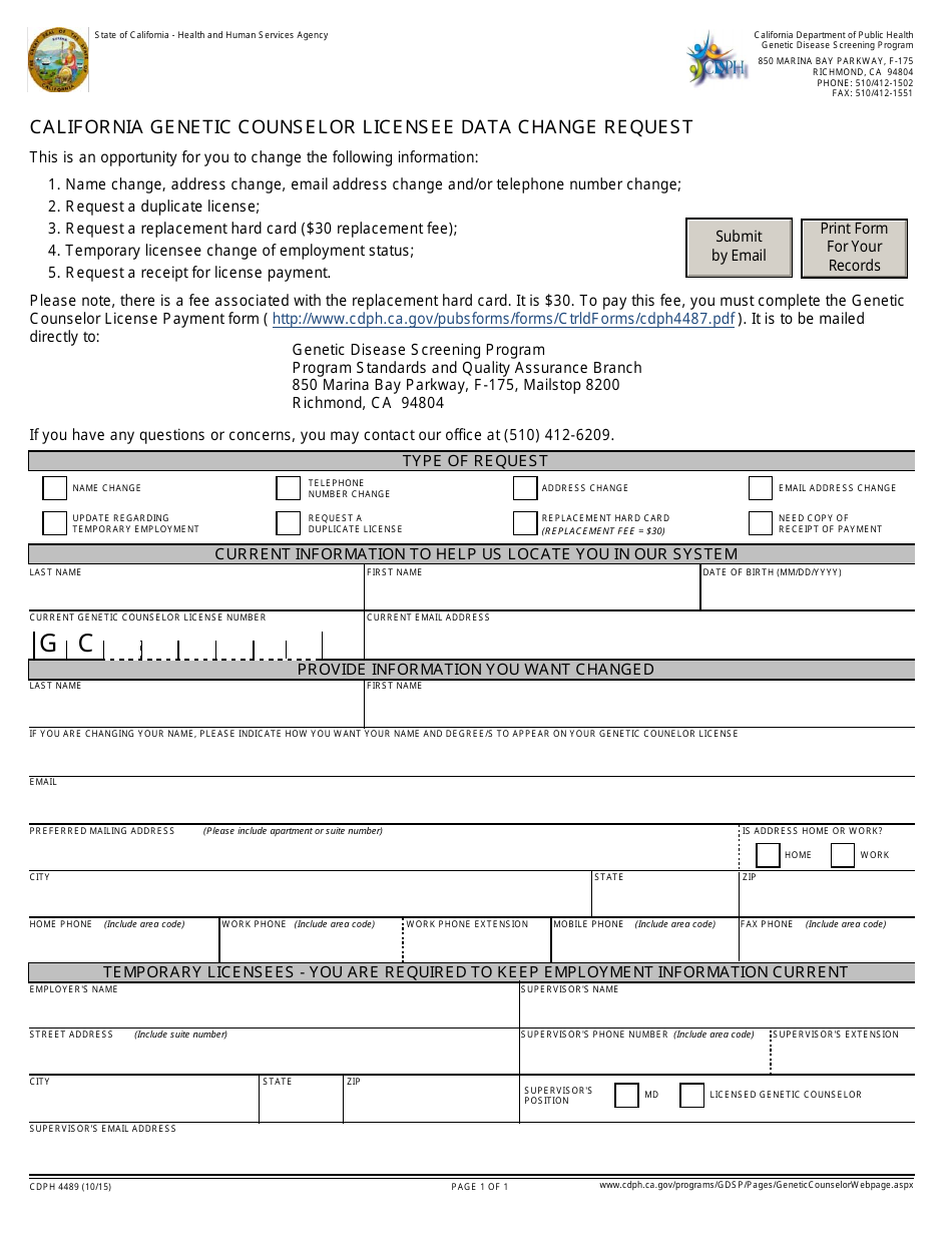 Form CDPH4489 California Genetic Counselor Licensee Data Change Request - California, Page 1