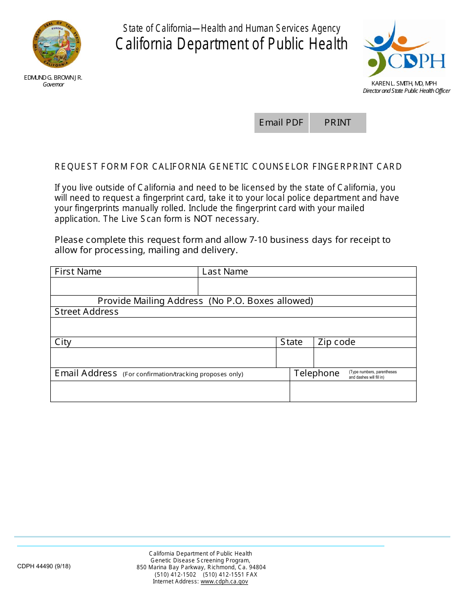 Form CDPH44490 Request Form for California Genetic Counselor Fingerprint Card - California, Page 1