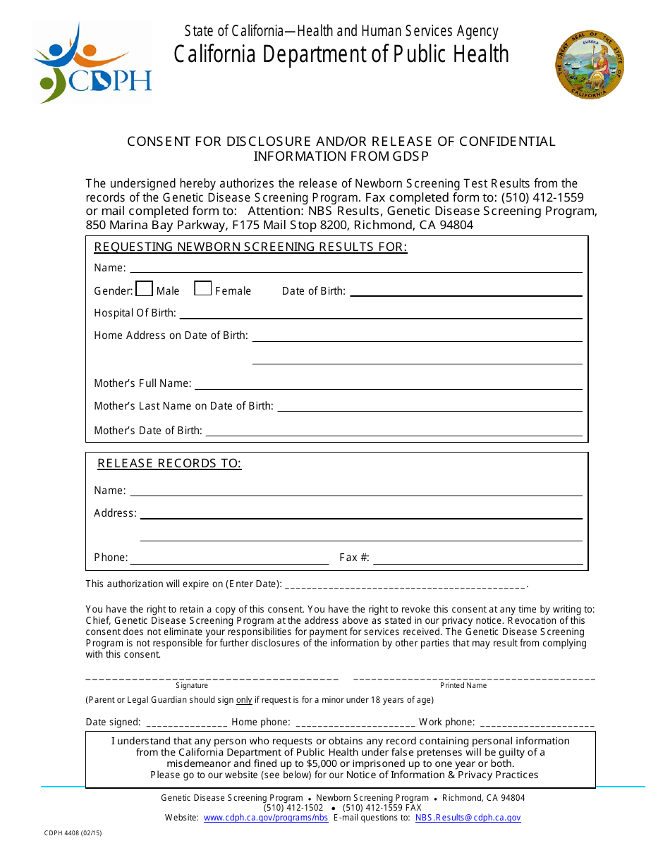 Form CDPH4408 Consent for Disclosure and / or Release of Confidential Information From Gdsp - California, Page 1