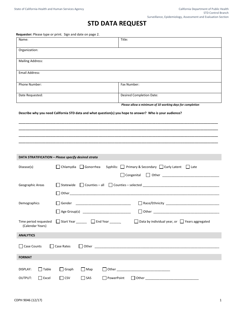 Form CDPH9046 Std Data Request - California, Page 1