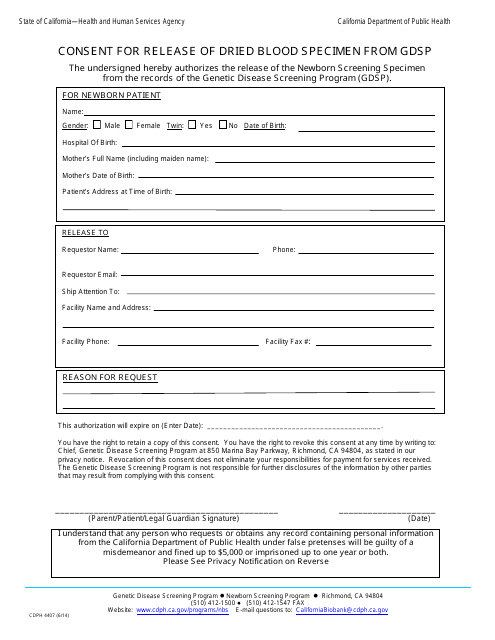 Form CDPH4407  Printable Pdf