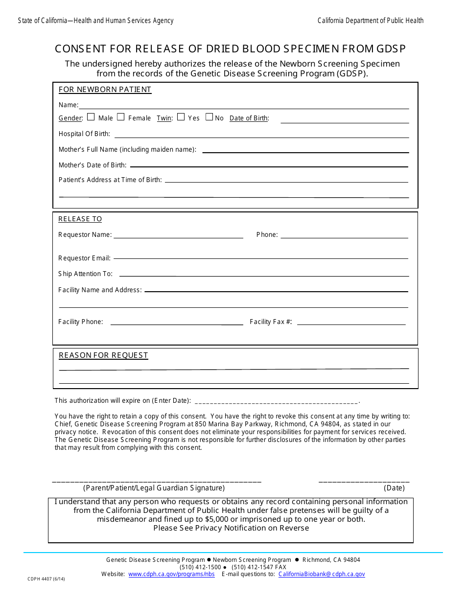 Form CDPH4407 Consent for Release of Dried Blood Specimen From Gdsp - California, Page 1