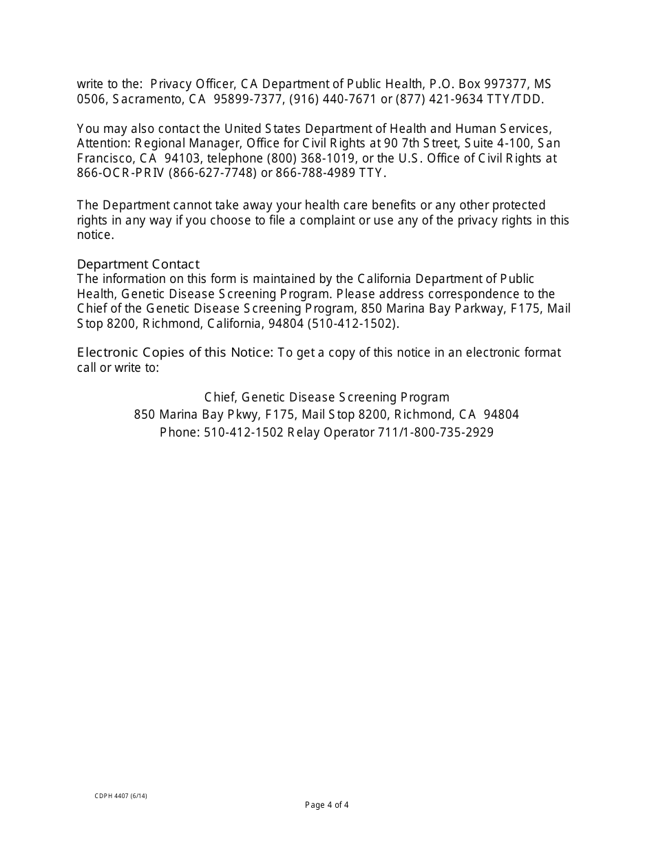Form CDPH4407 Consent for Release of Dried Blood Specimen From Gdsp - California, Page 4