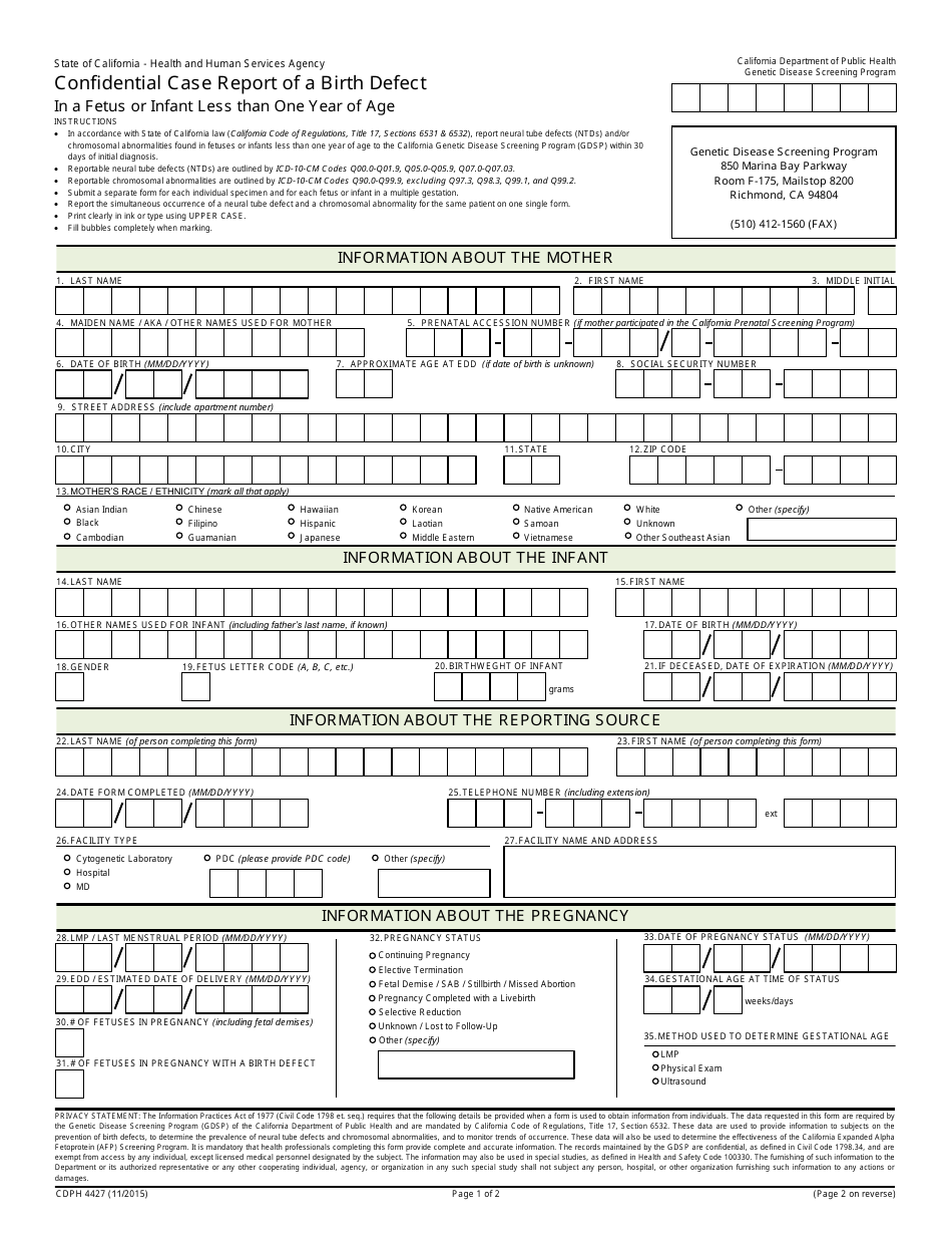 Form CDPH4427 - Fill Out, Sign Online and Download Fillable PDF ...