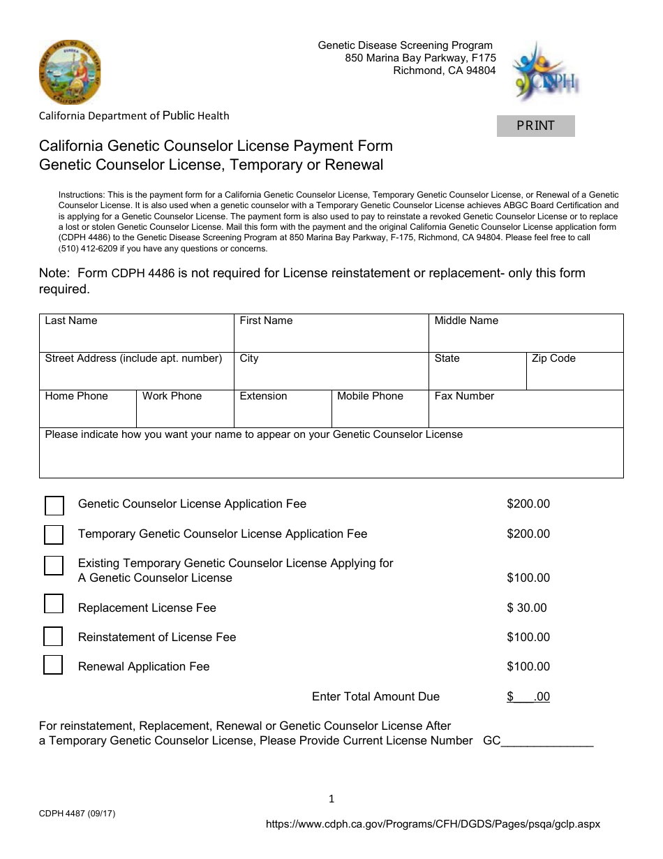 Form CDPH4487 California Genetic Counselor License Payment Form - Genetic Counselor License, Temporary or Renewal - California, Page 1