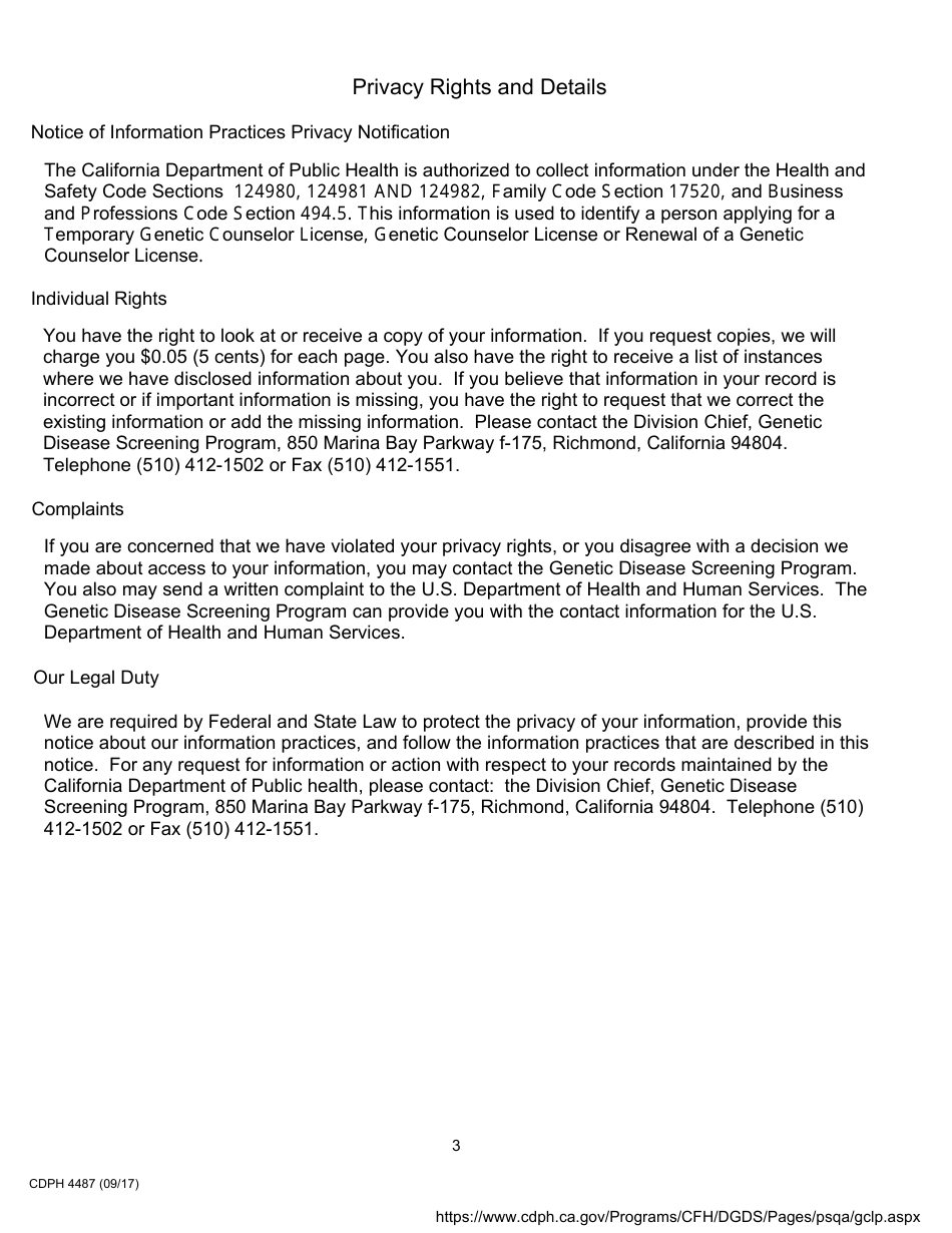 Form CDPH4487 California Genetic Counselor License Payment Form - Genetic Counselor License, Temporary or Renewal - California, Page 3