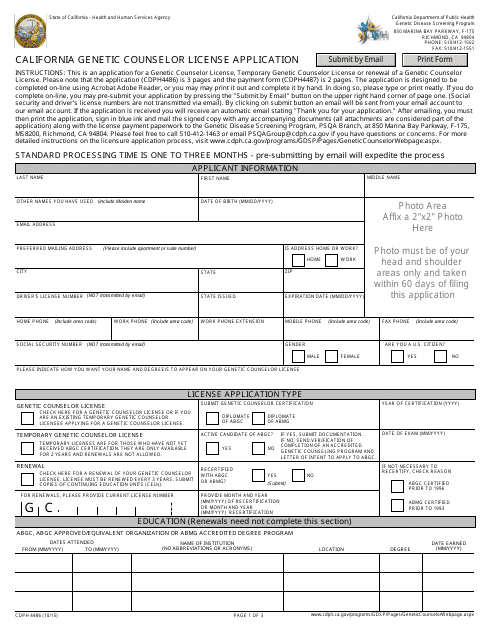 Form CDPH4486 California Genetic Counselor License Application - California