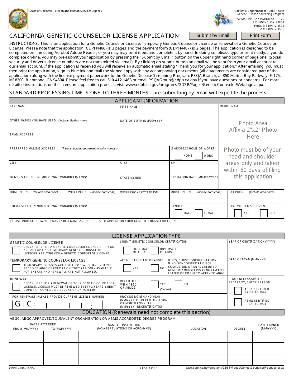 Form CDPH4486 California Genetic Counselor License Application - California, Page 1