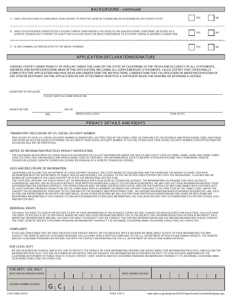 Form CDPH4486 California Genetic Counselor License Application - California, Page 3
