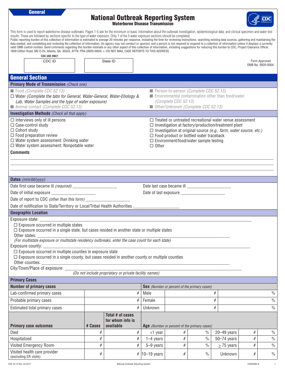 Form CDC52.12 Waterborne Disease Transmission - National Outbreak Reporting System, Page 1