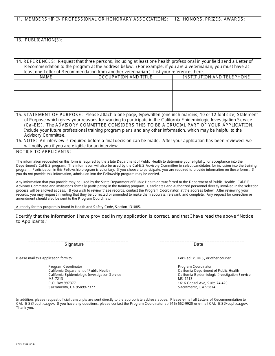 Form CDPH8564 Application for California Epidemiologic Investigation Service (Cal-Eis) Training - California, Page 2