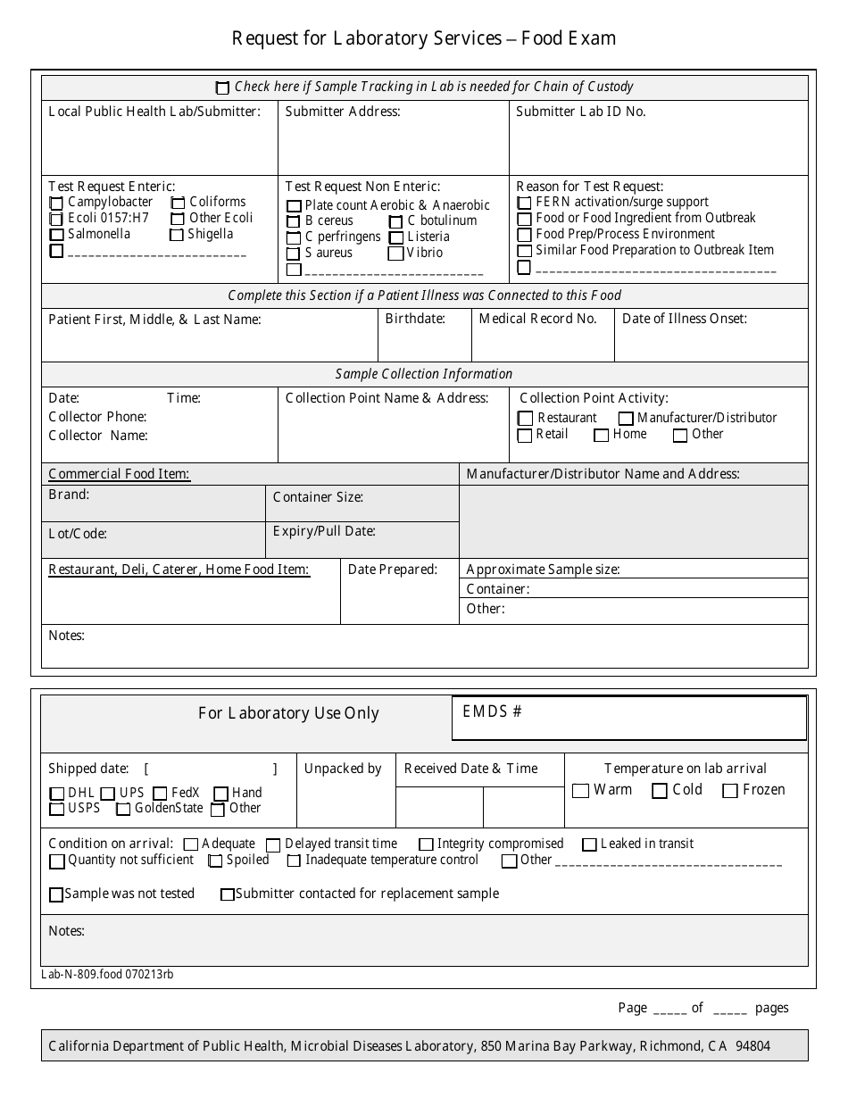 Form Lab-N-809 Request for Laboratory Services - Food Exam - California, Page 1