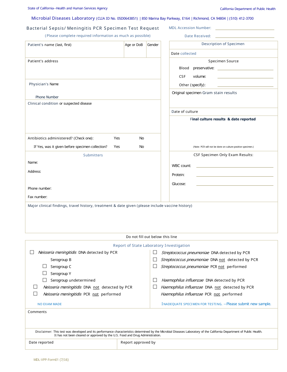 Form MDL-VPP-01 Bacterial Sepsis/Meningitis Pcr Specimen Test Request - California, Page 1
