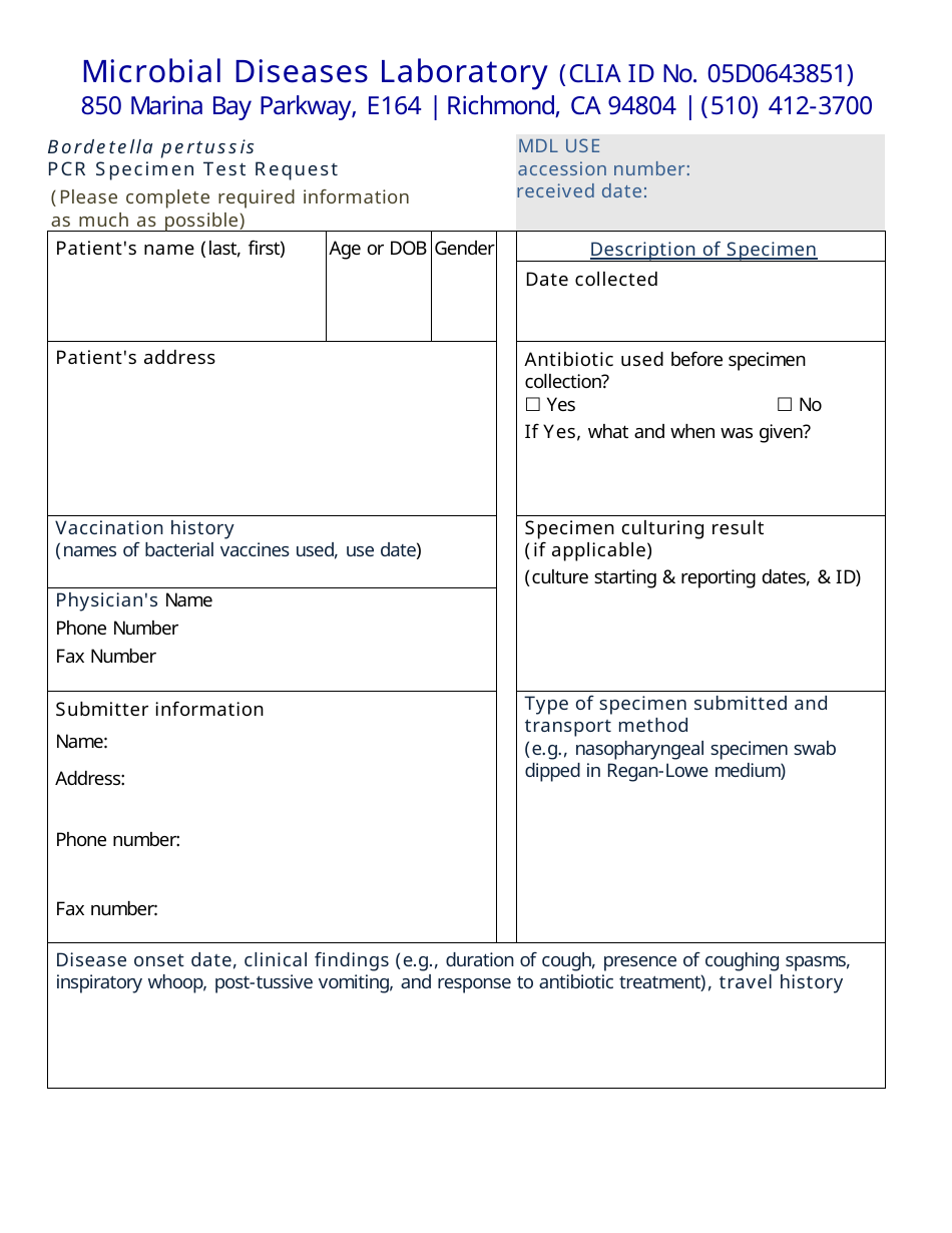 Form MDL-VPP-03 Bordetella Pertussis Pcr Specimen Test Request - California, Page 1