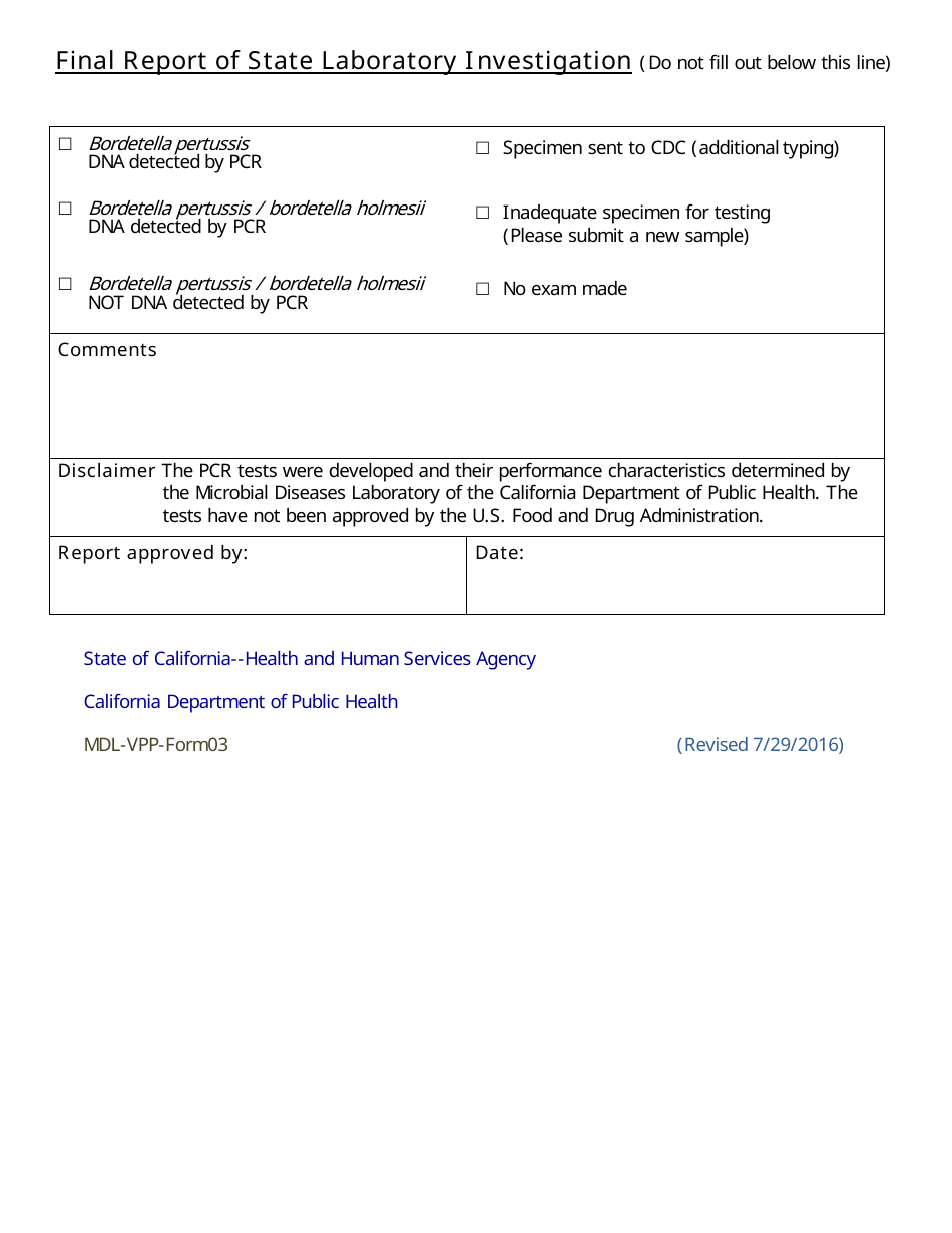 Form MDL-VPP-03 Bordetella Pertussis Pcr Specimen Test Request - California, Page 2