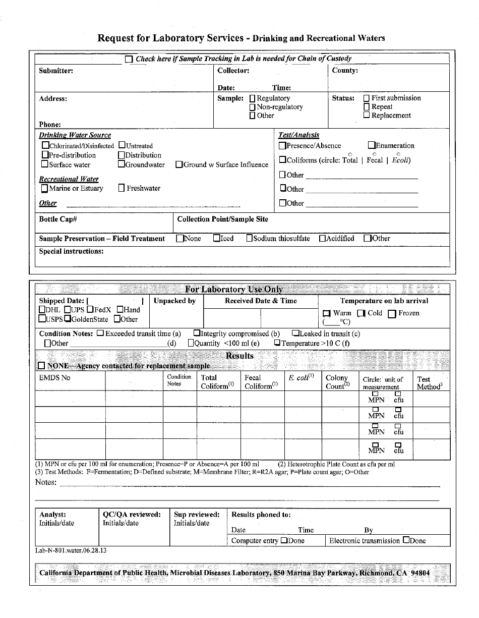 Form Lab-N-801 Request for Laboratory Services - Drinking and Recreational Waters - California, Page 1