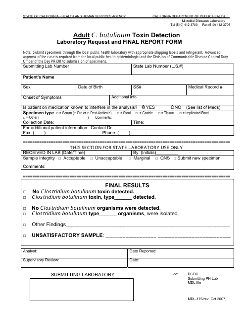 Form MDL-176 Adult C. Botulinum Toxin Detection Laboratory Request and Final Report Form - California