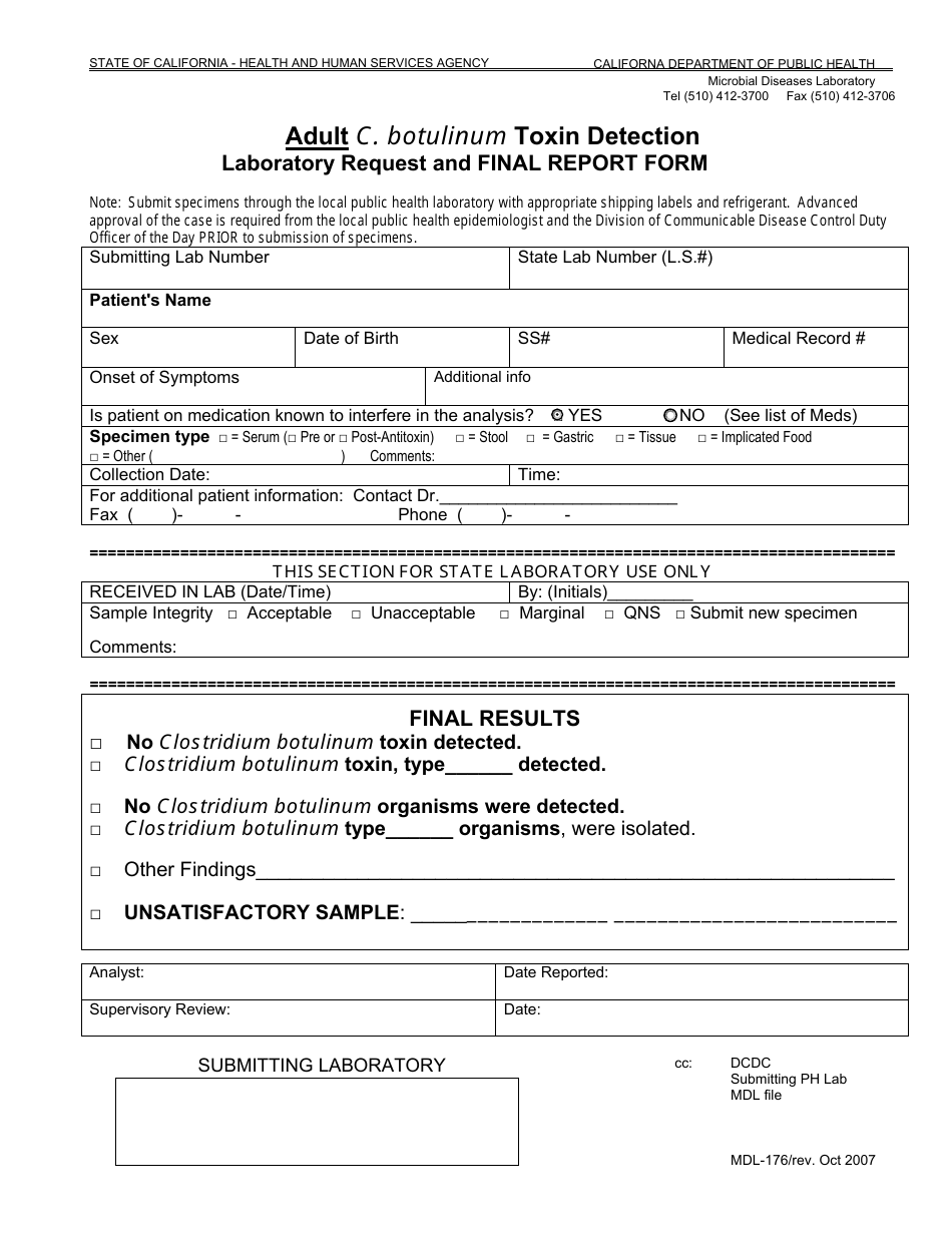 Form MDL-176 Adult C. Botulinum Toxin Detection Laboratory Request and Final Report Form - California, Page 1