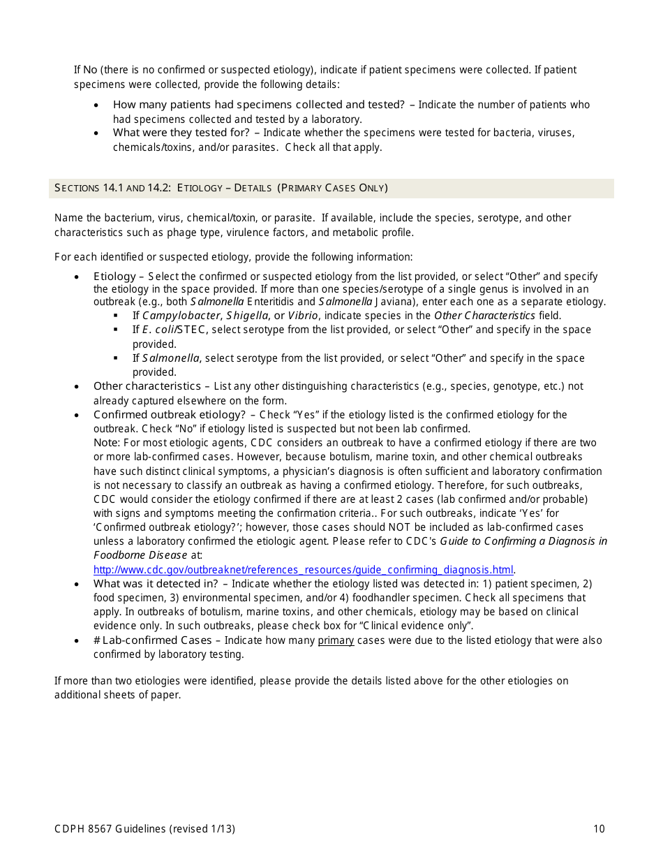 Instructions for Form CDPH8567 Foodborne Disease Outbreak Report - California, Page 10
