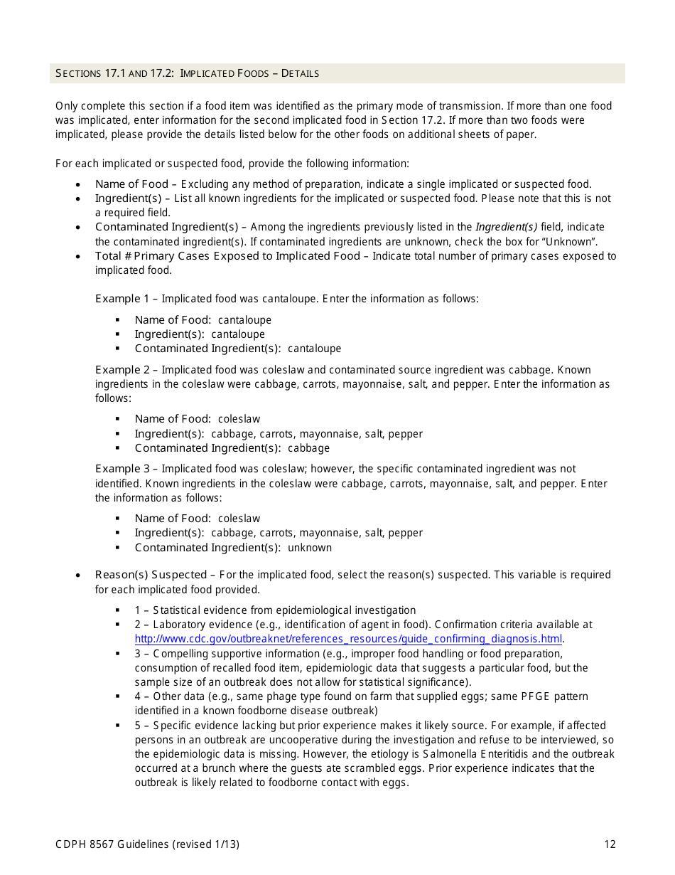 Instructions for Form CDPH8567 Foodborne Disease Outbreak Report - California, Page 12
