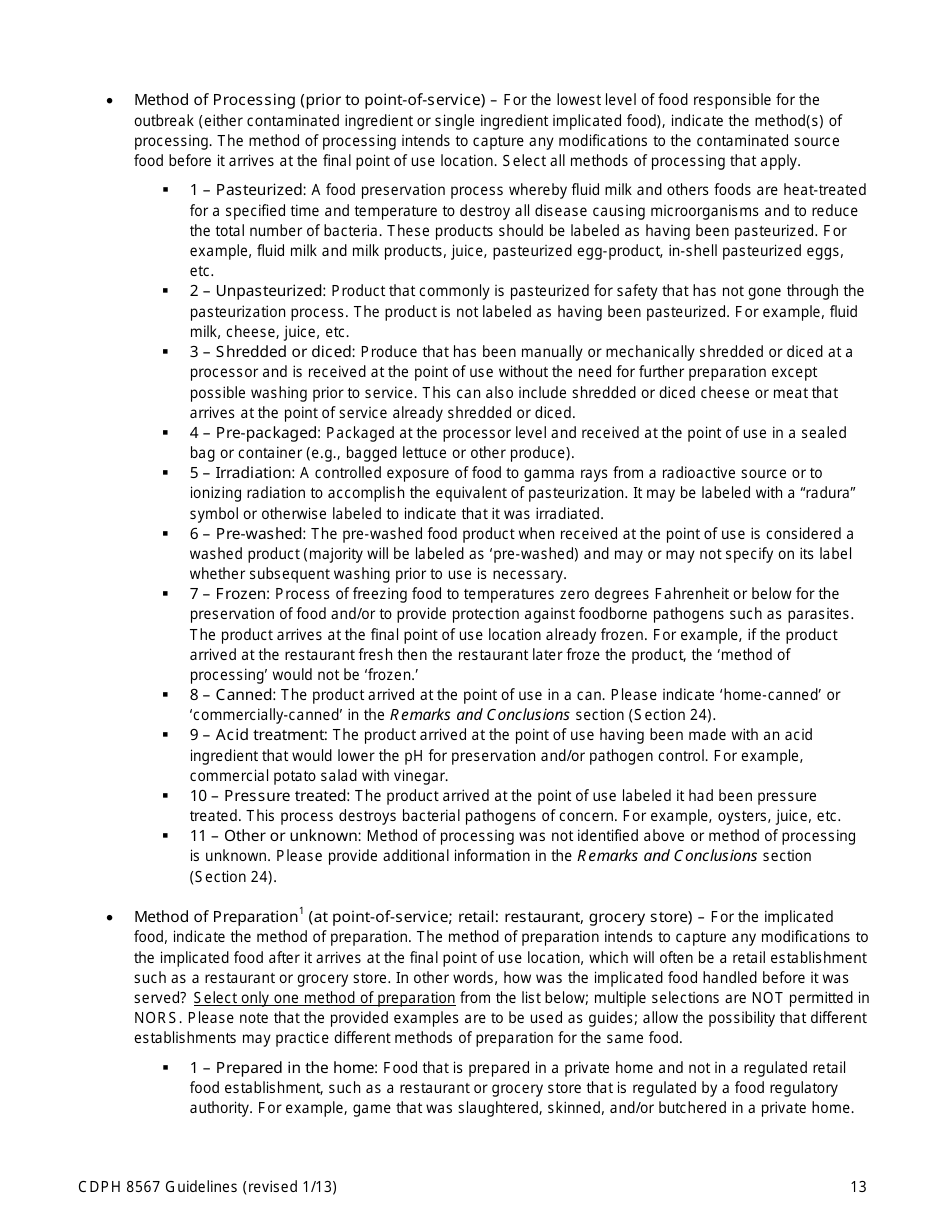 Instructions for Form CDPH8567 Foodborne Disease Outbreak Report - California, Page 13