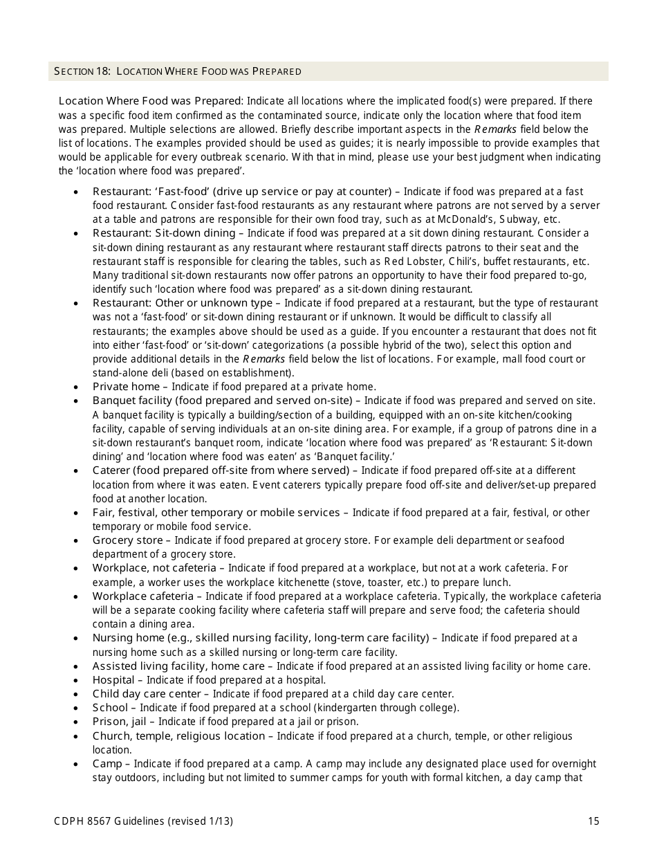 Instructions for Form CDPH8567 Foodborne Disease Outbreak Report - California, Page 15