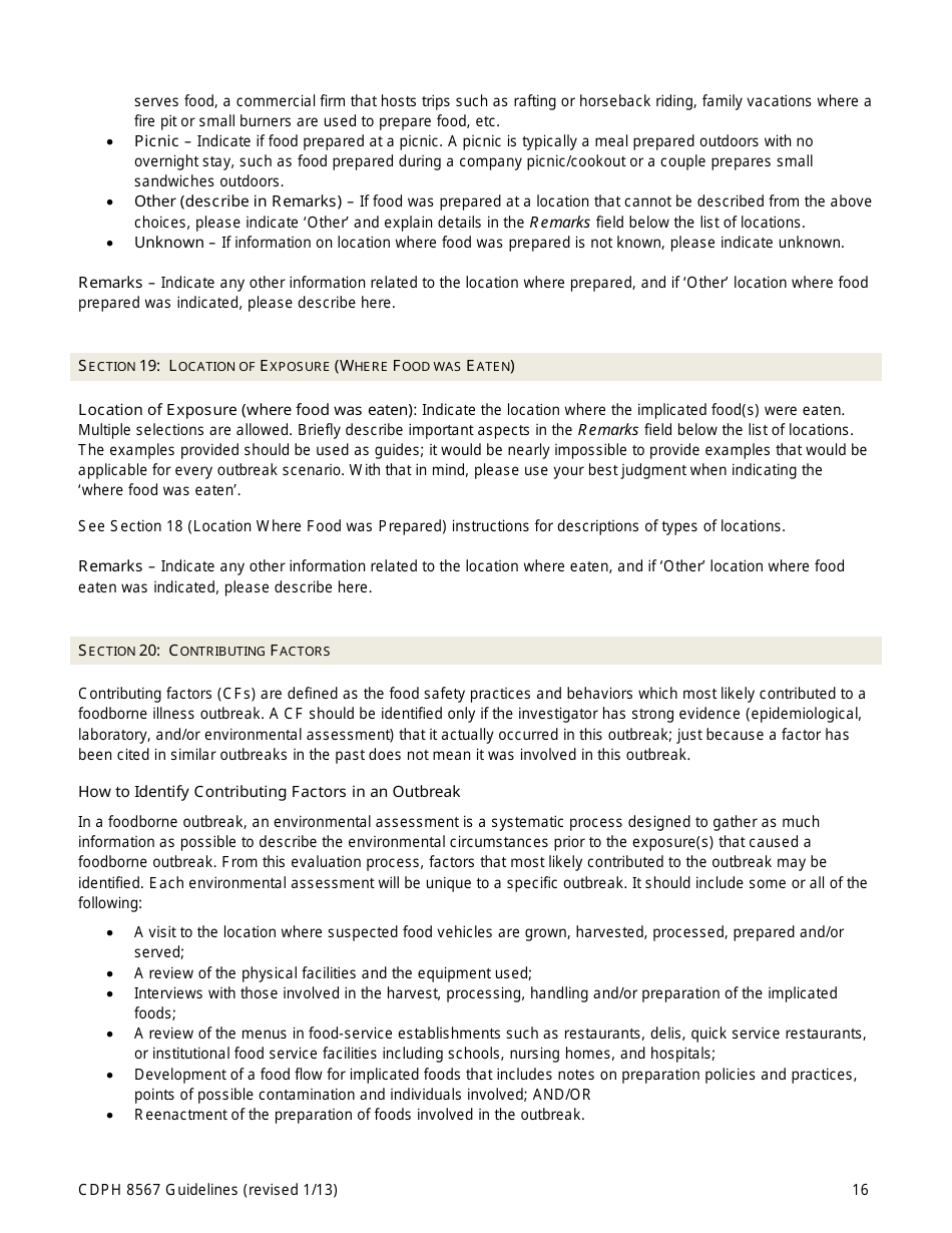 Instructions for Form CDPH8567 Foodborne Disease Outbreak Report - California, Page 16