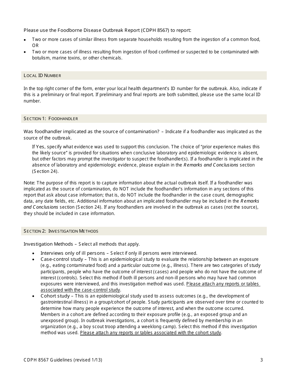 Instructions for Form CDPH8567 Foodborne Disease Outbreak Report - California, Page 3