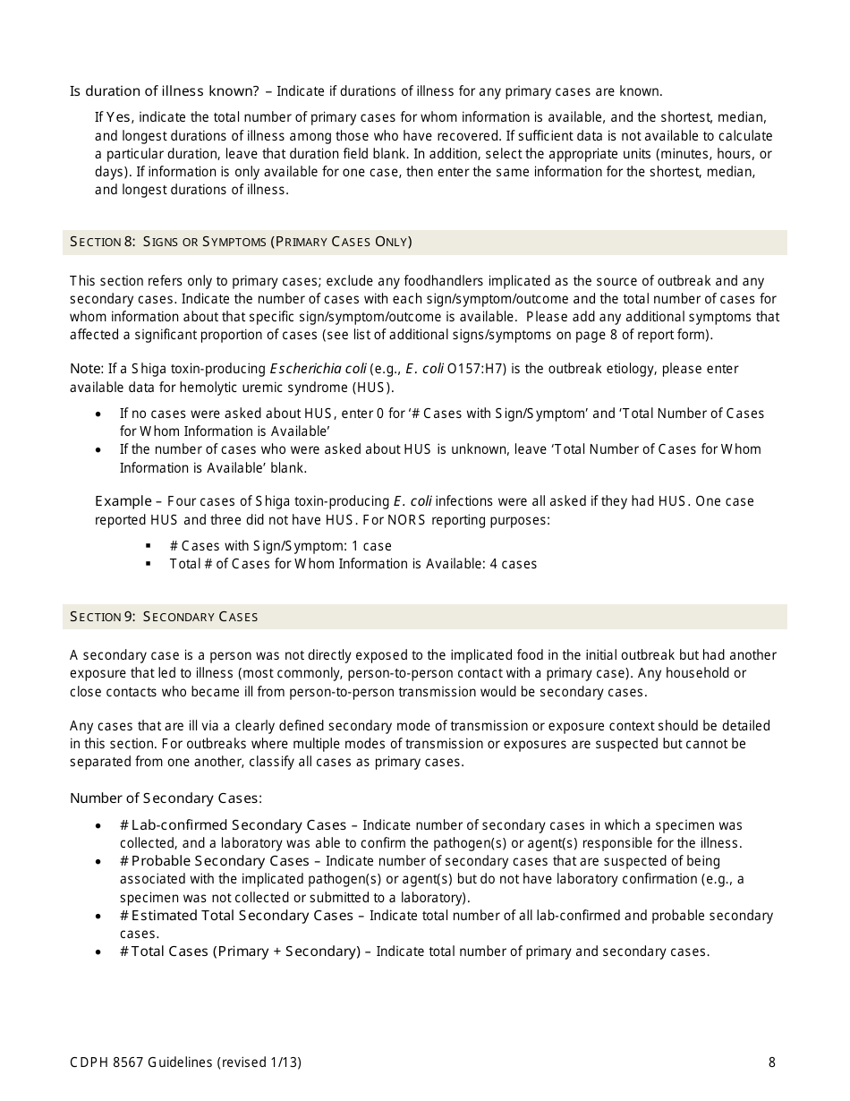Instructions for Form CDPH8567 Foodborne Disease Outbreak Report - California, Page 8